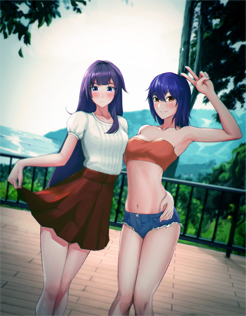 2girls absurdres alternate_costume arm_up armpits bare_shoulders blue_eyes blue_hair blunt_ends blurry blurry_background blush breasts chromatic_aberration closed_mouth clothes_lift collarbone denim denim_shorts dutch_angle elias2art english_commentary eyelashes feet_out_of_frame hair_between_eyes hand_on_another's_hip highres kanbaru_suruga lifted_by_self long_hair looking_at_viewer medium_breasts micro_shorts monogatari_(series) multiple_girls navel orange_eyes orange_tube_top outdoors pleated_skirt puffy_short_sleeves puffy_sleeves purple_hair red_skirt senjougahara_hitagi shiny_skin shirt short_sleeves shorts simple_background skirt skirt_lift smile standing stomach strapless thighs torn_clothes torn_shorts tube_top v white_shirt