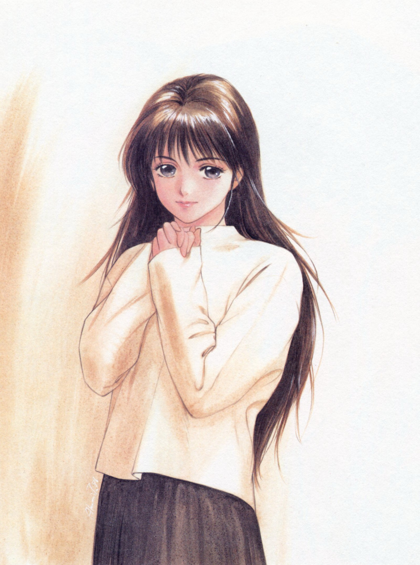 1980s_(style) 1girl ayukawa_madoka black_hair black_skirt grey_eyes highres kimagure_orange_road lips lipstick long_hair looking_at_viewer makeup own_hands_clasped own_hands_together retro_artstyle shirt simple_background skirt sleeves_past_wrists solo standing takada_akemi traditional_media white_shirt