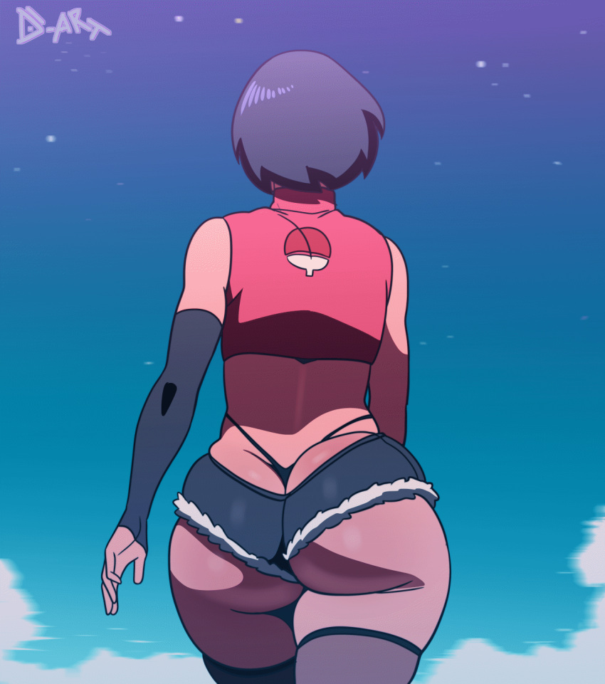 1girl animated animated_gif ass black_hair black_panties black_thighhighs boruto:_naruto_next_generations d-art denim denim_shorts from_behind highres huge_ass micro_shorts naruto_(series) ninja panties short_hair short_shorts shorts solo thick_thighs thighhighs thighs thong uchiha_sarada uchiha_symbol underbutt underwear walking