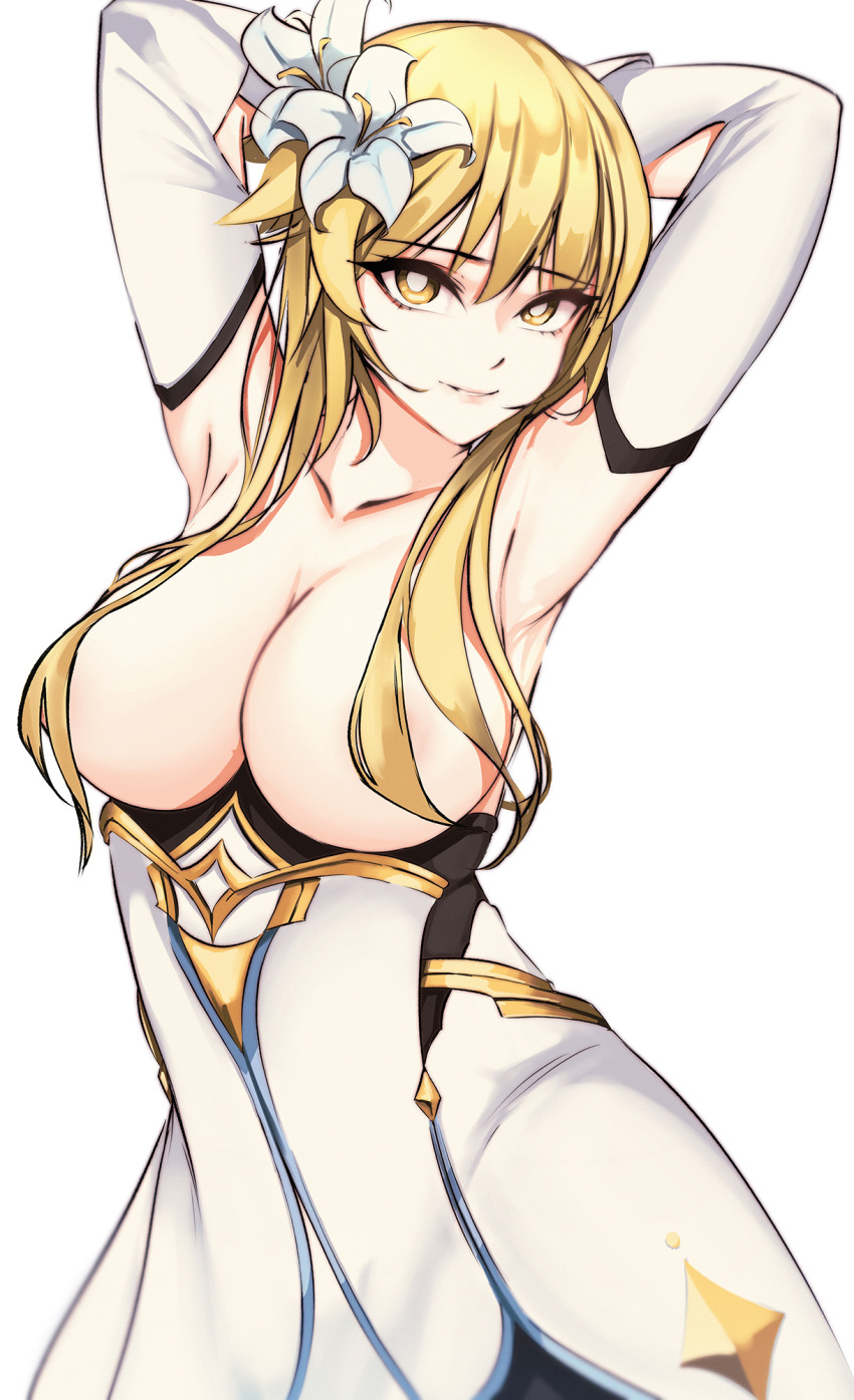 1girl armpits arms_behind_head blonde_hair breasts bright_pupils cleavage collarbone cowboy_shot detached_sleeves dress flower genshin_impact hair_censor hair_flower hair_ornament highres large_breasts lily_(flower) lips long_hair looking_at_viewer lumine_(genshin_impact) momofoo no_shirt simple_background solo white_background white_dress white_pupils yellow_eyes