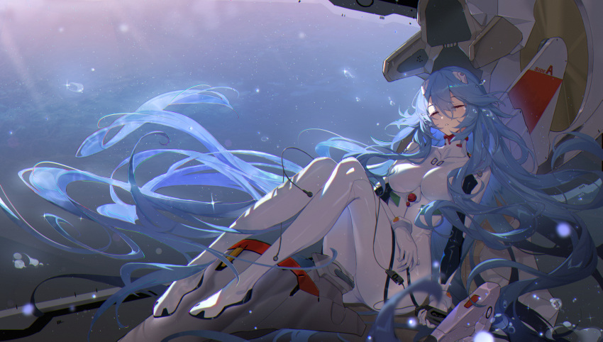 1girl absurdly_long_hair absurdres ayanami_rei bangs blue_hair blurry bodysuit breasts bubble closed_eyes commentary covered_collarbone depth_of_field evangelion:_3.0+1.0_thrice_upon_a_time full_body hair_between_eyes highres interface_headset knees_up long_bangs long_hair medium_breasts neon_genesis_evangelion plugsuit rebuild_of_evangelion sleeping solo underwater very_long_hair white_bodysuit zetlice