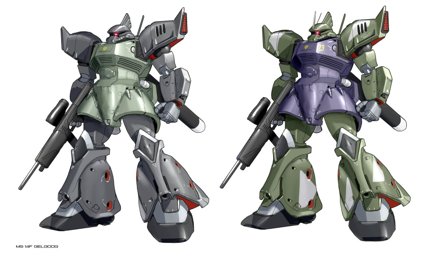 asterozoa completion_time english_commentary full_body gelgoog gelgoog_marine glowing glowing_eye gun gundam gundam_0083 highres holding holding_gun holding_weapon mecha mobile_suit_gundam no_humans one-eyed red_eyes robot science_fiction variations weapon zeon