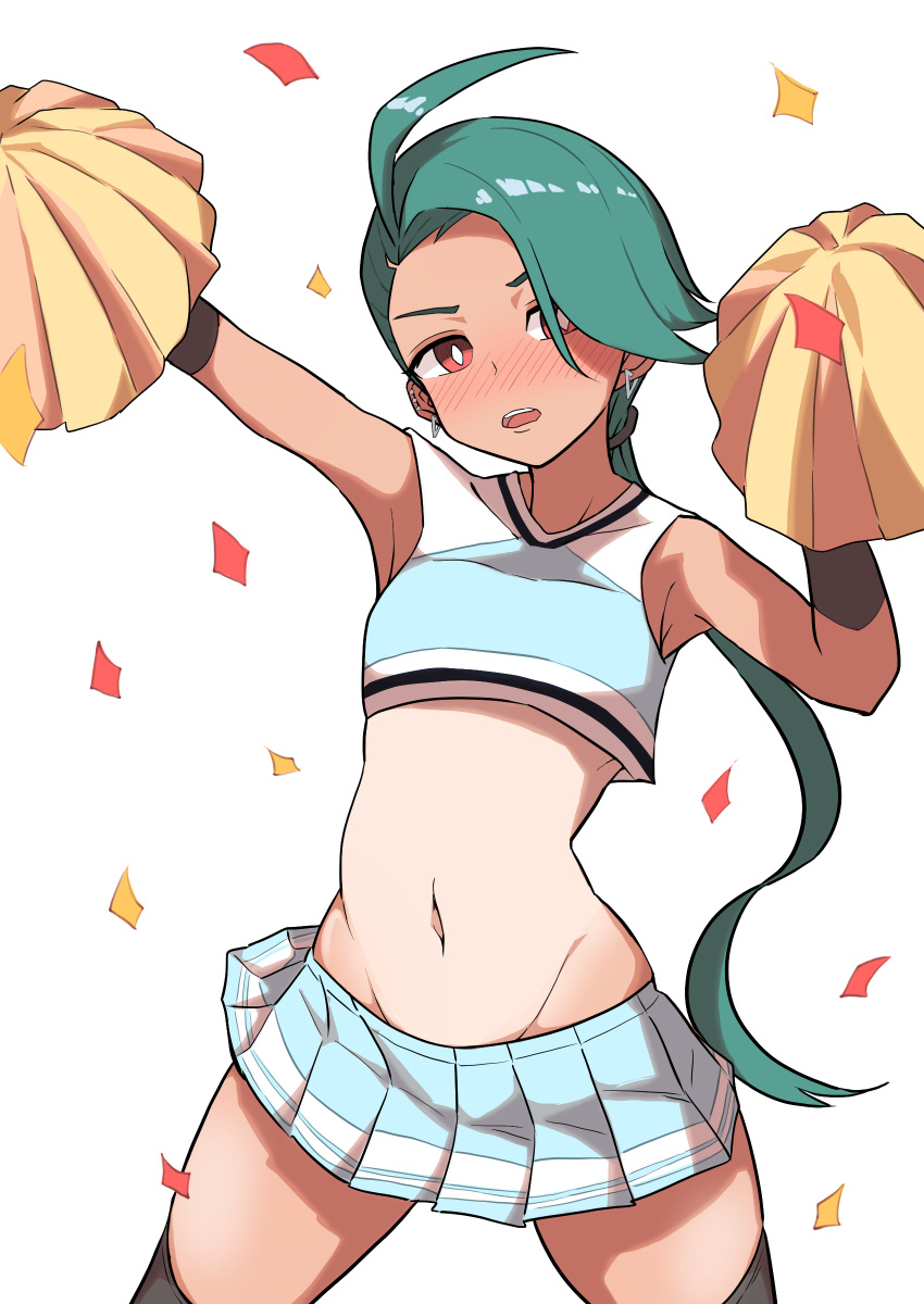 1girl absurdres ahoge alternate_costume bangs bright_pupils cheerleader commentary_request confetti cowboy_shot cropped_shirt earrings green_hair highres holding holding_pom_poms inaiti_ina jewelry legs_apart long_hair midriff navel open_mouth pleated_skirt pokemon pokemon_(game) pokemon_sv pom_pom_(cheerleading) ponytail rika_(pokemon) shirt skirt sleeveless sleeveless_shirt solo tan tanlines thighhighs white_background white_pupils