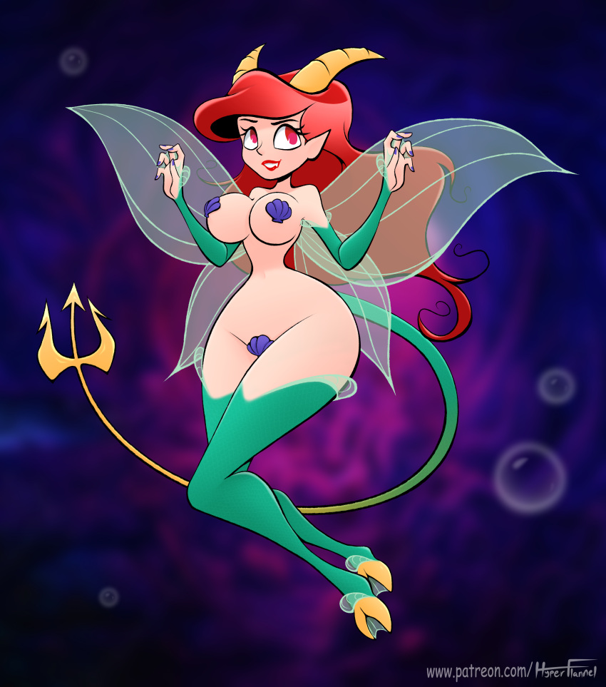 2023 absurd_res alternate_species ariel_(disney) breasts demon disney fairy female hair hi_res hooves horn humanoid humanoid_pointy_ears hyperflannel insect_wings looking_up red_eyes red_hair smile solo the_little_mermaid_(1989) wide_hips wings