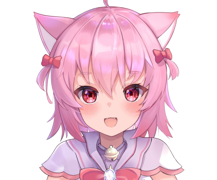 1girl :d ahoge animal_ears bangs bell bow cat_ears cat_girl fangs hair_bow looking_at_viewer neck_bell nekopurin_(nyanko_prin) open_mouth original pink_hair red_bow red_eyes short_hair short_sleeves smile solo two_side_up upper_body