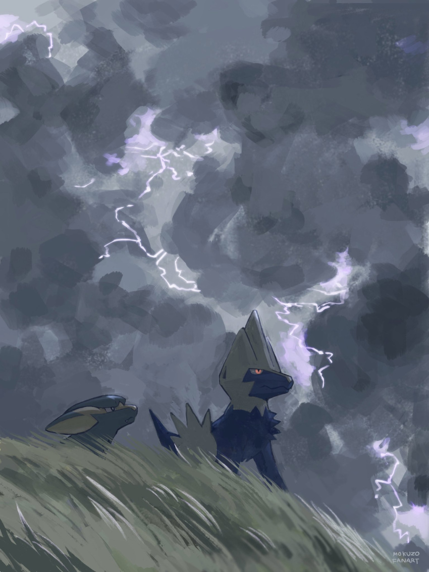 closed_mouth cloud cloudy_sky commentary electrike evolutionary_line grass highres lightning manectric mokuzou_(moku_ssbu) no_humans orange_eyes outdoors pokemon pokemon_(creature) signature sky symbol-only_commentary