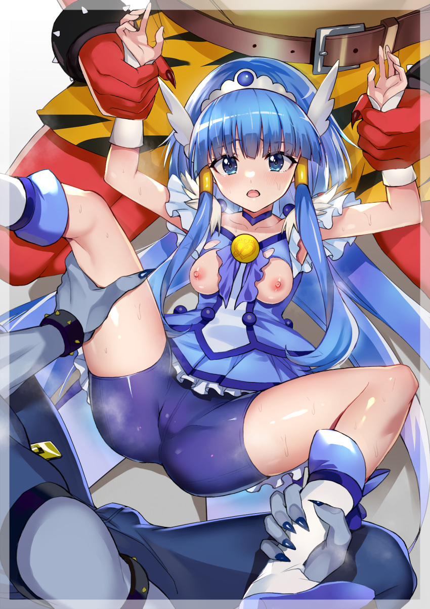 1girl 2boys akaooni ankle_grab aoki_reika bangs bike_shorts blue_dress blue_eyes blue_hair blunt_bangs breasts bulge colored_skin commentary_request crotch_seam cure_beauty dress erection erection_under_clothes fingernails foot_out_of_frame frilled_dress frills furry furry_male furry_with_non-furry hair_tubes hetero highres holding_another's_wrist imminent_rape interspecies long_hair looking_at_viewer magical_girl medium_breasts multiple_boys nipples precure pukara red_skin restrained scared sharp_fingernails short_shorts shorts smile_precure! solo_focus spread_legs sweat tears tiara torn_clothes torn_dress very_long_hair wolfrun