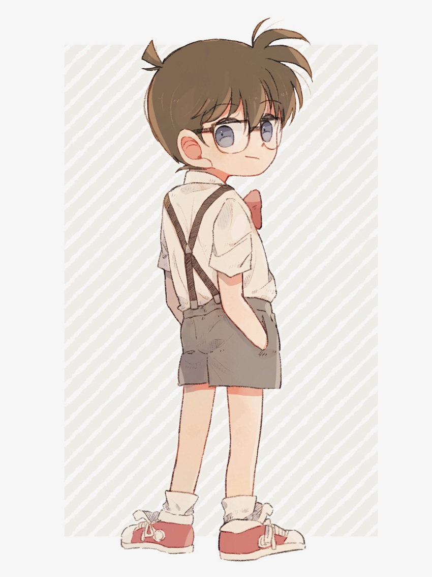 1boy blue_eyes bow bowtie brown_hair child converse edogawa_conan grey_shorts hands_in_pockets highres looking_back male_child male_focus meitantei_conan red_bow red_footwear shirt shoes short_hair short_sleeves shorts side127 sneakers socks solo suspenders white_shirt white_socks