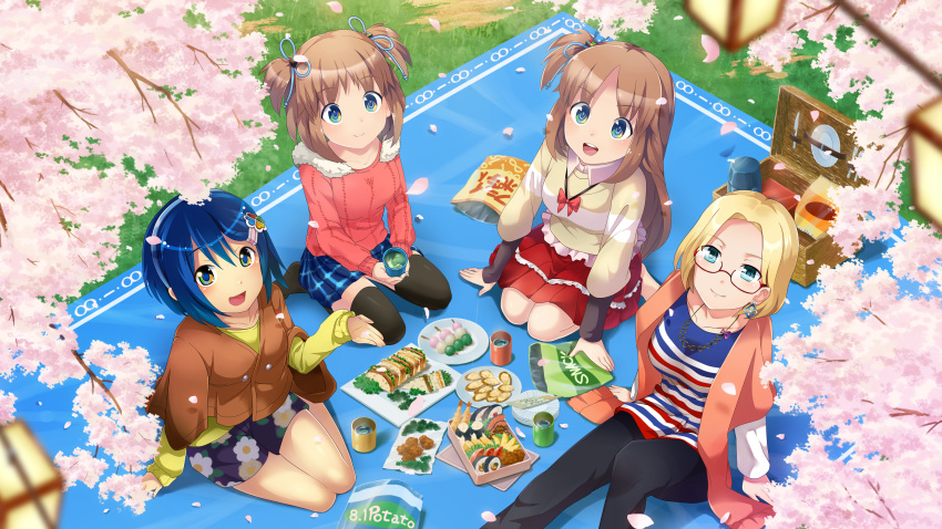 4girls :d absurdres artist_request black_pants black_thighhighs blanket blonde_hair blouse blue_eyes blue_hair blue_hairband blue_skirt blush breasts brochette brown_hair cherry_blossoms claudia_madobe clover_hair_ornament cup earrings food four-leaf_clover_hair_ornament glasses grass hair_ornament hair_ribbon hairband hanami highres holding holding_cup jewelry kitchen_knife lamp long_hair looking_at_viewer madobe_ai madobe_nanami madobe_yuu medium_breasts microsoft microsoft_windows multicolored_eyes multiple_girls necklace official_art official_wallpaper open_mouth os-tan outdoors pants personification picnic picnic_basket pink_sweater plate red_skirt ribbon salad sandwich shirt short_hair siblings side_ponytail single_earring sisters sitting skirt small_breasts smile sushi sweater thermos thighhighs tree windows_7 windows_8 windows_azure yellow_sweater