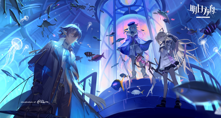1girl 2boys absurdres arknights asamayuki_ra ascot beret black_footwear blonde_hair blue_ascot blue_coat blue_hair blue_headwear blue_neckerchief blue_pants blue_theme briefcase coat commentary copyright_name crown dress earrings english_commentary fish flower from_above gradient_ascot hat highres holding holding_briefcase holding_staff indigo_(arknights) infection_monitor_(arknights) jellyfish jewelry layered_sleeves light_particles lighthouse long_hair looking_at_viewer looking_down lumen_(arknights) manta_ray mizuki_(arknights) multiple_boys neckerchief pants pink_eyes railing shell shell_earrings shirt shorts socks staff twitter_username umbrella underwater very_long_hair vial white_flower white_shirt white_shorts yellow_eyes