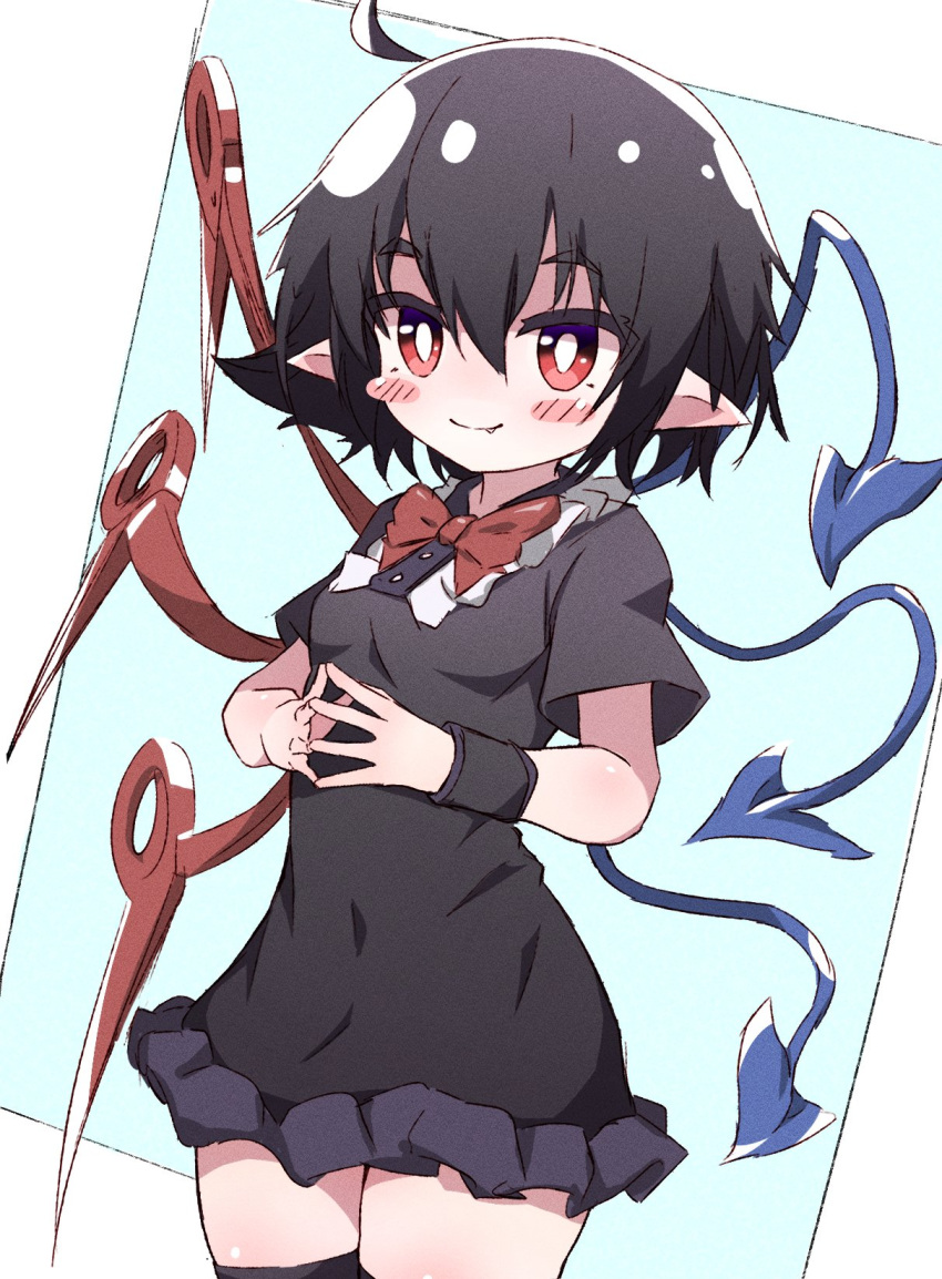 1girl ahoge asymmetrical_wings bangs black_dress black_hair black_thighhighs blue_background blue_wings bright_pupils closed_mouth cowboy_shot dress fang highres houjuu_nue looking_at_viewer mr.turtle_head one-hour_drawing_challenge own_hands_together pointy_ears red_eyes red_wings short_hair short_sleeves smile solo standing thighhighs touhou white_pupils wings wristband