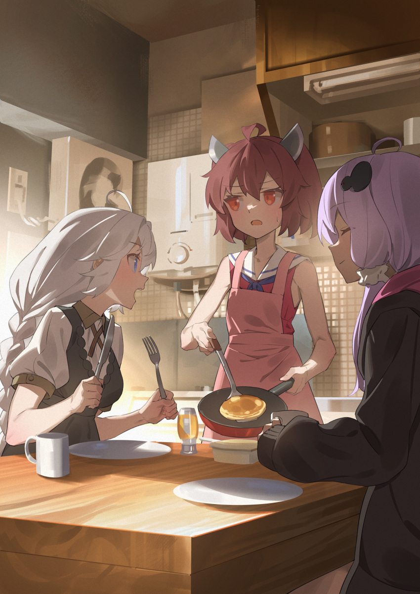 3girls ahoge apron bangs black_jacket blue_eyes brown_hair closed_eyes cooking cup food frying_pan glass headgear highres indoors jacket kitchen kizuna_akari long_hair looking_at_viewer mug multiple_girls open_mouth pink_apron plate purple_hair red_eyes shirt short_hair short_sleeves sidelocks sleeveless sleeveless_shirt smile touhoku_kiritan voiceroid white_hair yamamomo_(plank) yuzuki_yukari