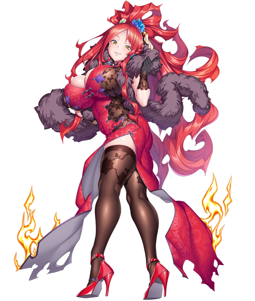 1girl astaroth_(taimanin) boots breasts curvy dress high_heel_boots high_heels highres large_breasts long_dress looking_at_viewer official_art potion_(moudamepo) red_hair sharp_teeth solo taimanin_(series) taimanin_rpgx teeth thumbs_up