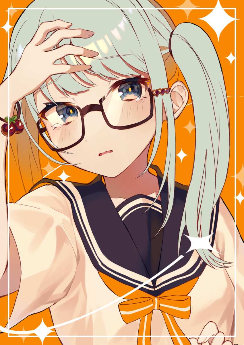 1girl absurdres aqua_hair bangs bespectacled blue_eyes blush bow bowtie bracelet bright_pupils brown-framed_eyewear cherry cinderella_(vocaloid) commentary fingernails food framed fruit glasses hand_on_own_head hatsune_miku heart highres jewelry kurobikari long_hair looking_at_viewer neck_ribbon orange_background orange_ribbon parted_lips rectangular_eyewear ribbon school_uniform semi-rimless_eyewear serafuku short_sleeves solo sparkle striped striped_ribbon tearing_up twintails two-tone_ribbon under-rim_eyewear upper_body vocaloid wavy_mouth white_ribbon white_serafuku yellow_pupils