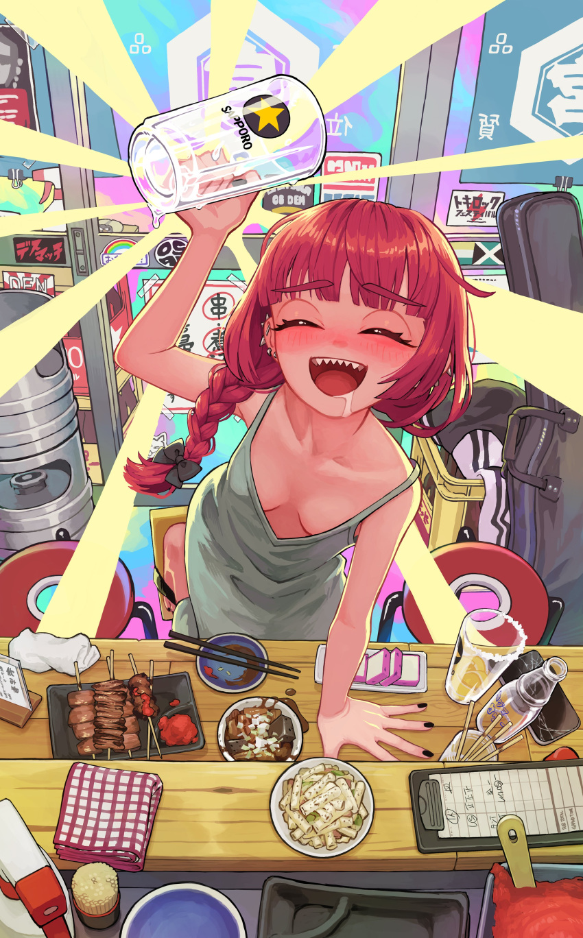 1girl absurdres alcohol arm_up bangs bar_stool bare_arms bare_shoulders barefoot beer_crate beer_glass beer_keg black_nails blunt_bangs blush bocchi_the_rock! bottle braid braided_ponytail breasts chopsticks cleavage closed_eyes commentary_request crate cup day door dress drinking_straw drooling drunk earpiece earrings food full_body geta glass glass_door green_dress guitar_case hair_over_shoulder hand_on_table hand_up happy head_tilt highres hiroi_kikuri holding holding_cup indoors instrument_case jacket jewelry kebab keg_(container) leaning leaning_forward leaning_on_table leg_up letterman_jacket long_dress looking_at_viewer meat mouth_drool nail_polish napkin open_mouth osakechan0 plate poster_(object) red_hair saliva sapporo_beer sharp_teeth sidelocks single_braid sleeveless sleeveless_dress small_breasts soda_bottle solo sprayer standing standing_on_one_leg stool table teeth window yakitori