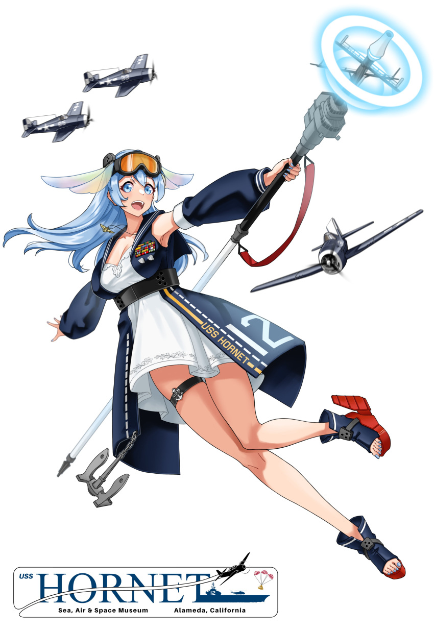 1girl absurdres blue_eyes blue_hair breasts cleavage detached_sleeves f6f_hellcat full_body goggles goggles_on_head highres holding holding_scepter large_breasts looking_at_viewer meatbun_33 nail_polish original personification promotional_art puffy_sleeves scepter ski_goggles smile solo toeless_footwear toenail_polish toenails toes uss_hornet_(cv-12)