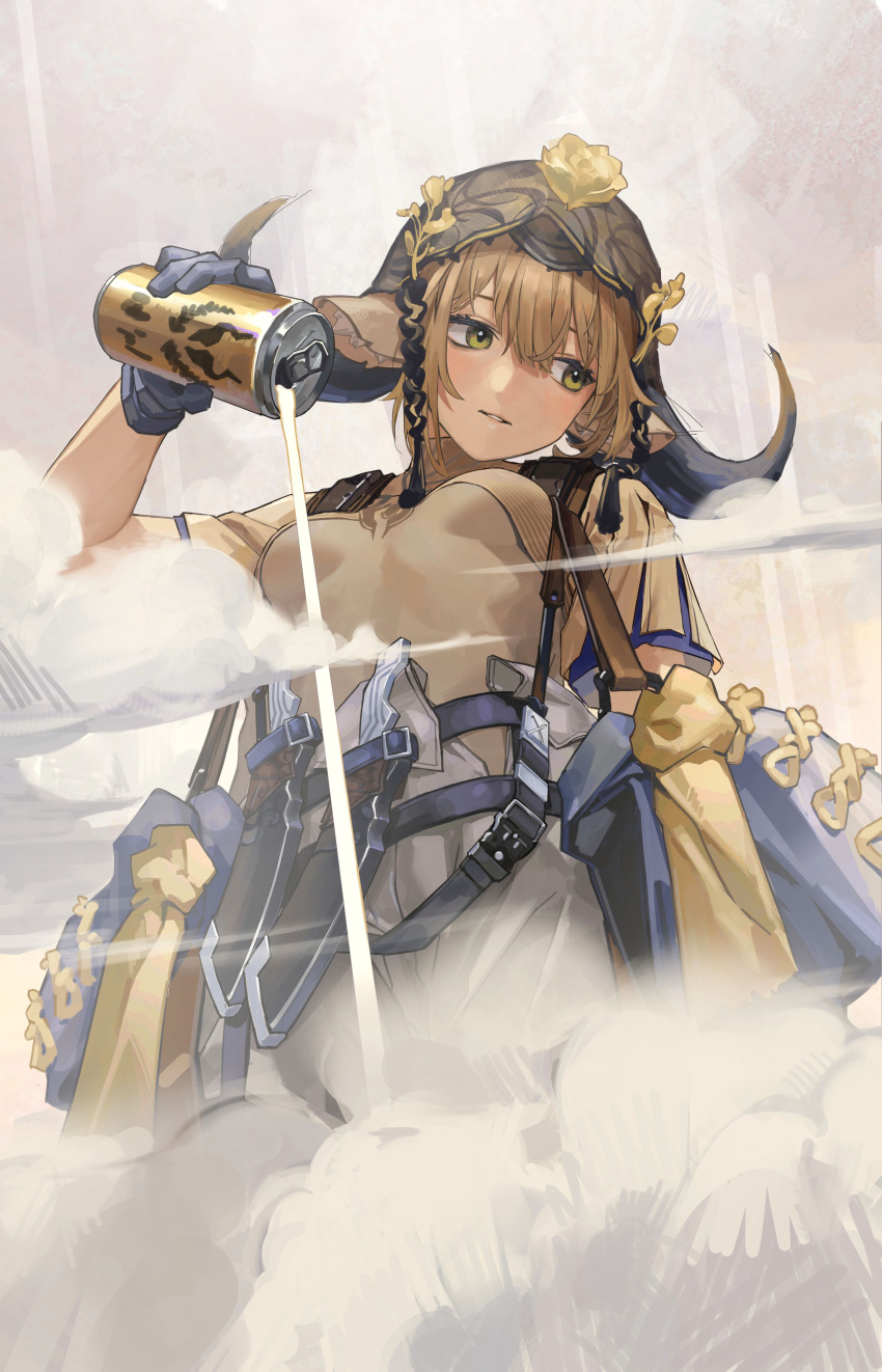 1girl absurdres alternate_costume animal_ears arknights bangs brown_hair can clothes clothes_around_waist cloud cow_ears cow_girl cow_horns cowboy_shot flower flower_on_head green_eyes highres holding holding_can holster holstered_weapon horns jacket jacket_around_waist kirsen knife layered_shirt looking_to_the_side medium_hair official_alternate_costume pallas_(a_drip_of_orea_and_potamous)_(arknights) pallas_(arknights) parted_lips shirt short_sleeves solo spilling weapon