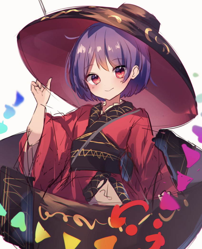 1girl black_headwear blush bowl bowl_hat closed_mouth hat highres japanese_clothes kimono long_sleeves moshihimechan obi one-hour_drawing_challenge purple_hair red_eyes red_kimono sash short_hair simple_background sketch smile solo sukuna_shinmyoumaru touhou white_background wide_sleeves