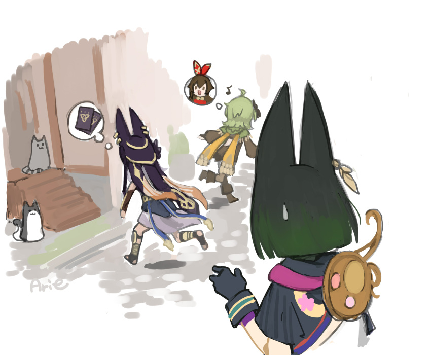 1girl 2boys ahoge amber_(genshin_impact) animal_ears anklet arie_game black_footwear black_gloves black_socks boots brown_dress card cat_ears collei_(genshin_impact) cyno_(genshin_impact) detached_sleeves distracted dress earrings eighth_note facing_away fox_ears genius_invokation_tcg genshin_impact gloves green_hair highres jewelry multiple_boys musical_note sash scarf short_hair single_earring socks spoken_character stirrup_legwear sweatdrop thought_bubble tighnari_(genshin_impact) toeless_legwear yellow_scarf