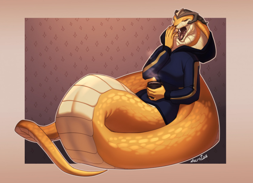 2022 anthro beverage clothing coffee coffee_mug eyes_closed fangs female headgear headwear hoodie necroizu open_mouth reptile resting_on_tail scalie simple_background snake solo tail teeth topwear viper_(x-com) x-com yawn