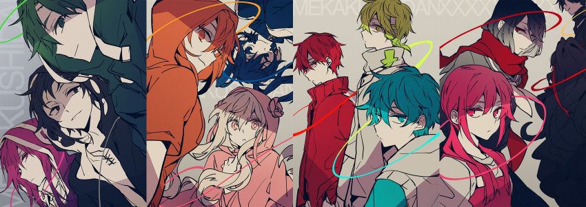 6+boys 6+girls amamiya_hibiya arrow_(symbol) asahina_hiyori azami_(kagerou_project) black_eyes black_hair commentary dark_konoha ene_(kagerou_project) everyone facial_mark green_hair hari_(tottchiya) headphones highres hood hood_up hoodie kagerou_project kano_shuuya kido_tsubomi kisaragi_momo kisaragi_shintarou konoha_(kagerou_project) kozakura_marry long_sleeves looking_at_viewer low_twintails multiple_boys multiple_girls neck_warmer neckerchief orange_eyes orange_hair orange_hoodie parted_lips pink_eyes pink_hair ponytail purple_eyes purple_hair red_eyes red_hair red_scarf scarf school_uniform serafuku seto_kousuke short_ponytail short_sleeves smile symbol-only_commentary tateyama_ayano twintails white_hair white_neckerchief zipper_pull_tab