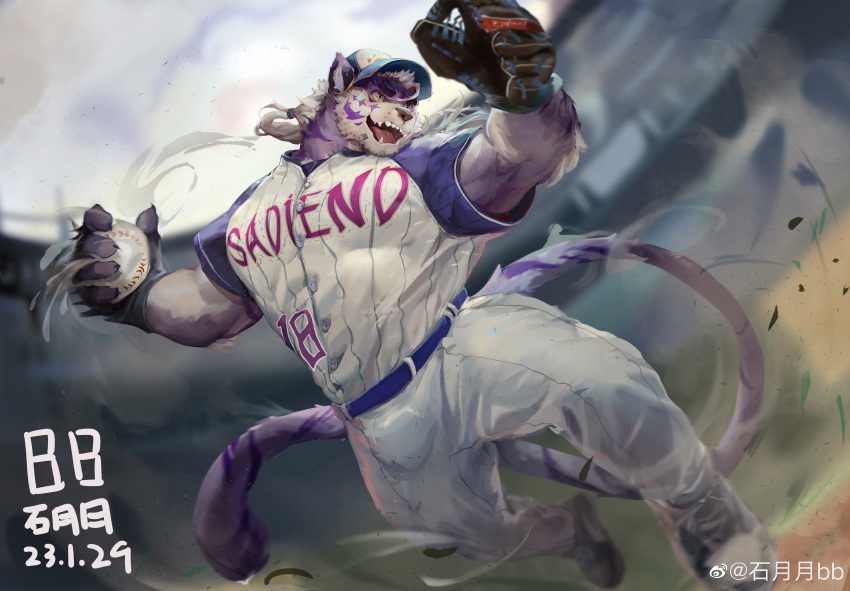 1boy absurdres alternate_costume bara baseball baseball_cap baseball_mitt baseball_uniform bing_ya blurry blurry_background bulge commission diamond_(shape) facial_hair forked_eyebrows full_body furry furry_male goatee hat highres large_pectorals long_hair male_focus motion_lines multicolored_hair muscular muscular_male original pectorals ponytail purple_fur sadiend solo sportswear streaked_hair thick_eyebrows tiger_boy two-tone_fur white_hair