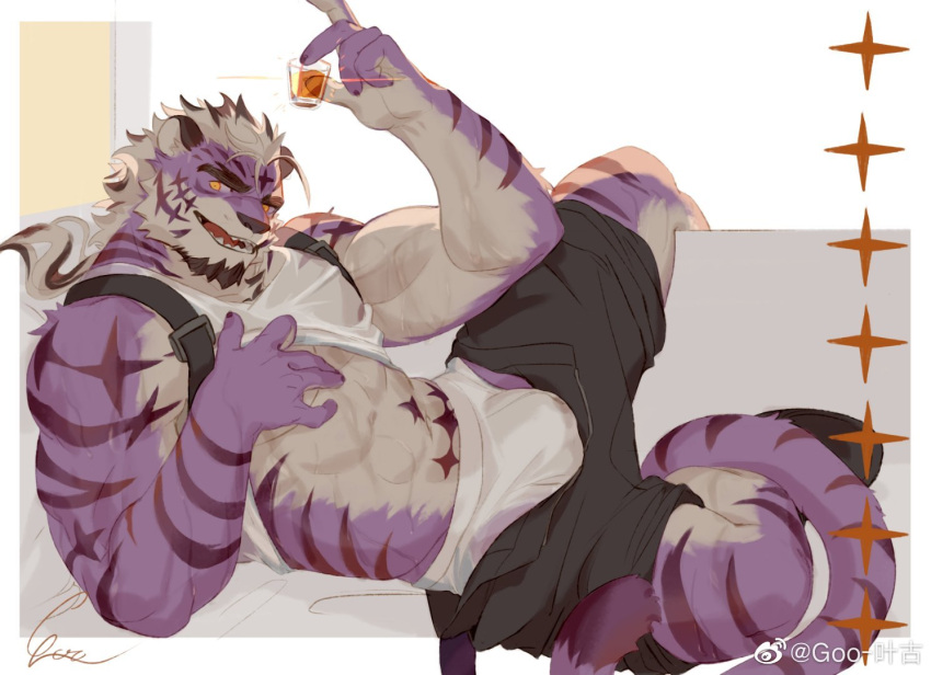 1boy abs bara bare_pectorals black_shorts briefs bulge chest_belt clothes_lift commission couch cup diamond_(shape) facial_hair forked_eyebrows furry furry_male goatee goo_(koushishikou11) holding holding_cup large_pectorals leg_up lifted_by_self long_hair looking_at_viewer lying male_focus male_underwear male_underwear_peek multicolored_hair muscular muscular_male navel nipples on_couch on_side open_clothes open_shorts original pectorals ponytail purple_fur sadiend seductive_smile see-through shirt shirt_lift shorts smile solo stomach streaked_hair tank_top thick_eyebrows tiger_boy two-tone_fur underpec underwear undressing wet wet_clothes wet_shirt white_hair white_male_underwear white_tank_top