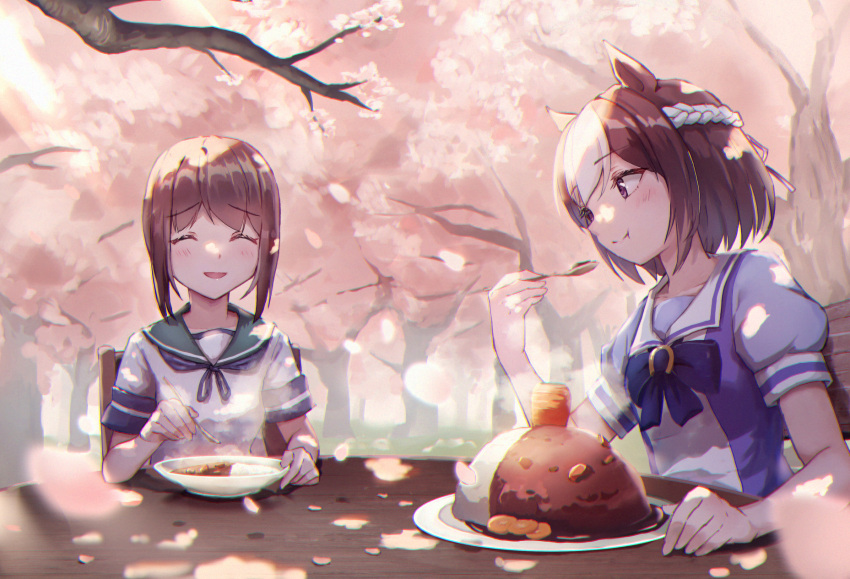 2girls animal_ears aoniyoshi bad_anatomy bad_face blush braid brown_hair carrot cherry_blossoms closed_eyes closed_mouth commission crossover curry curry_rice food fubuki_(kancolle) green_sailor_collar highres holding holding_spoon horse_ears horse_girl kantai_collection multicolored_hair multiple_girls open_mouth petals pixiv_commission purple_eyes rice sailor_collar school_uniform serafuku short_hair short_sleeves smile special_week_(umamusume) spoon tracen_school_uniform two-tone_hair umamusume vegetable white_hair