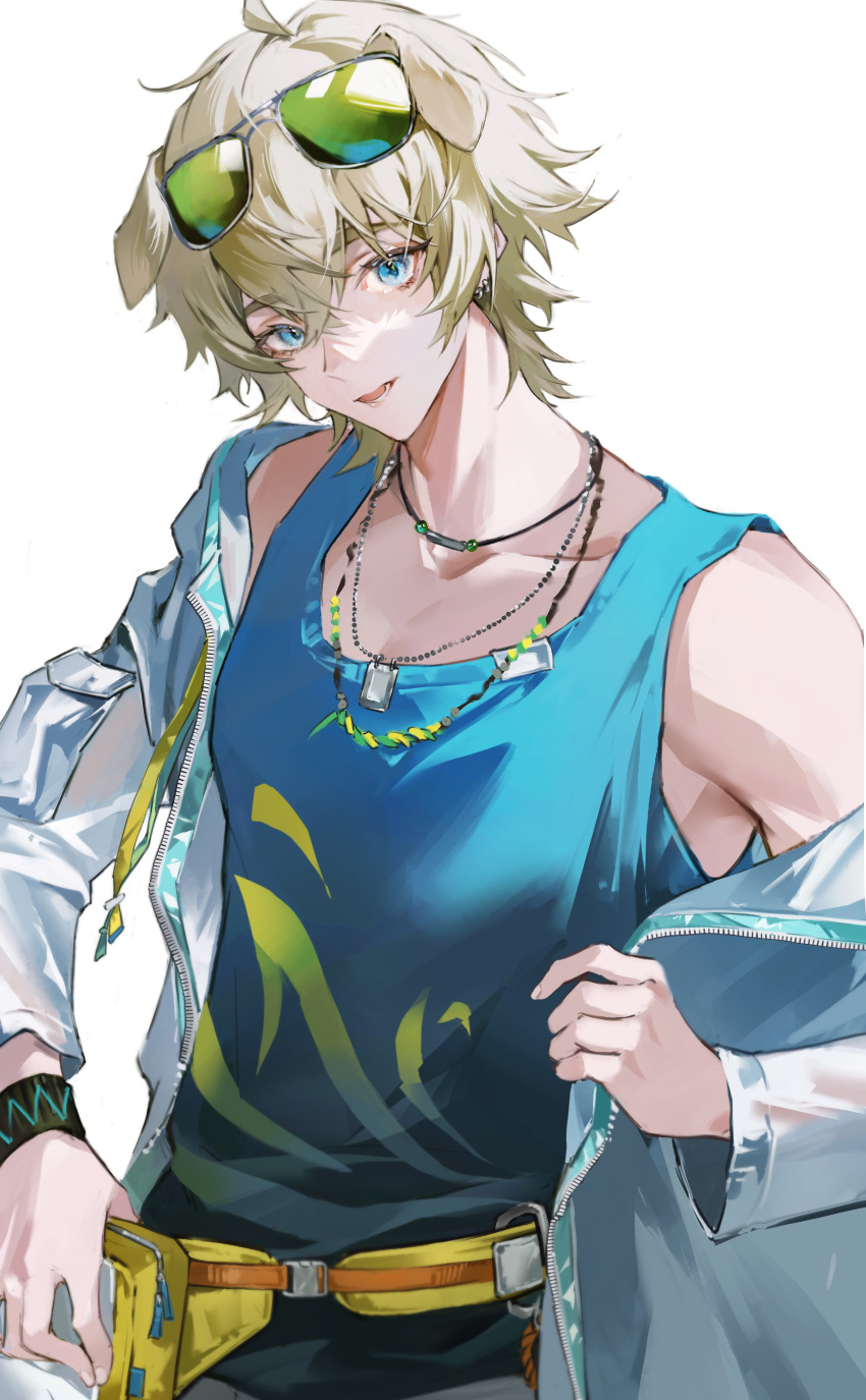 1boy absurdres animal_ears arknights bishounen blonde_hair blue_eyes cowboy_shot dog_boy dog_ears dog_tags eyewear_on_head highres jacket jewelry kokuu00 necklace open_clothes open_jacket open_mouth short_hair simple_background solo sunglasses tank_top tequila_(arknights) tinted_eyewear white_background