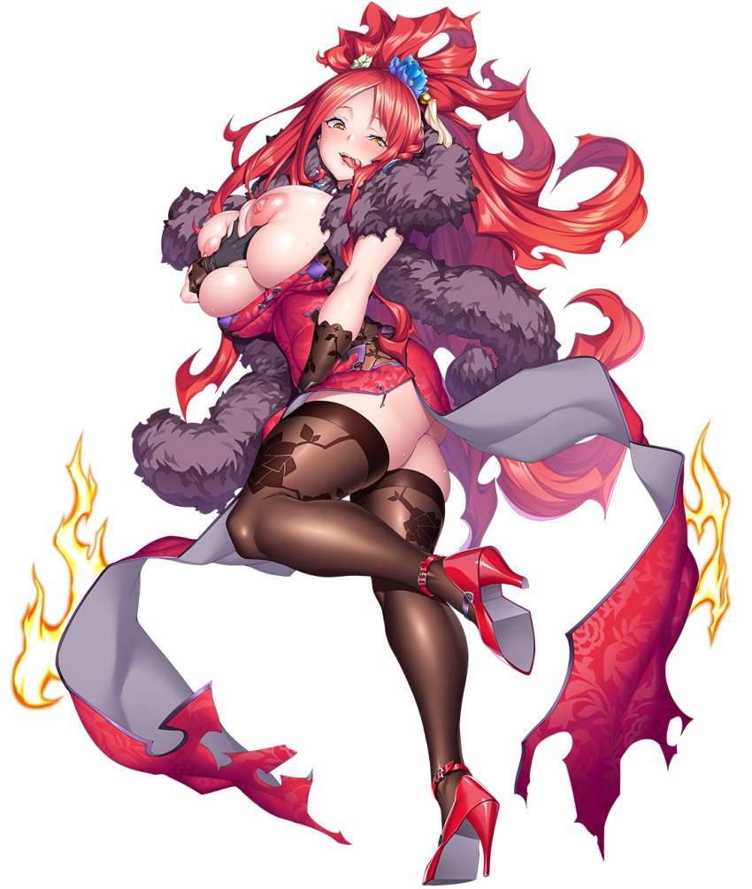 1girl astaroth_(taimanin) boots breasts breasts_out curvy dress grabbing_own_breast hand_on_own_chest high_heel_boots high_heels highres large_breasts long_dress long_hair looking_at_viewer nipples official_art potion_(moudamepo) red_hair solo taimanin_(series) taimanin_rpgx thumbs_up tongue tongue_out