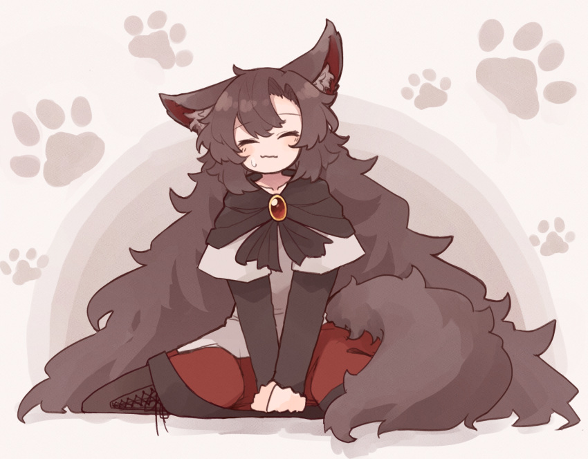 1girl animal_ear_fluff animal_ears bangs black_footwear blush boots brown_eyes brown_hair closed_mouth cross-laced_footwear dress full_body hair_between_eyes highres imaizumi_kagerou kaginoni lace-up_boots layered_sleeves long_hair long_sleeves paw_print red_dress short_over_long_sleeves short_sleeves solo tail touhou white_dress wolf_ears wolf_tail