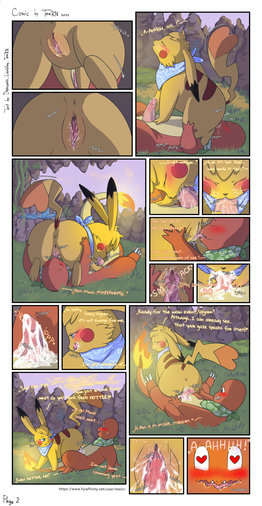 absurd_res animal_genitalia animal_penis blush blushing_profusely bodily_fluids charmander close-up comic cuddling cum cunnilingus dialogue dominant dominant_female english_text erection facesitting female female_on_top feral feral_on_feral generation_1_pokemon genital_fluids genitals hi_res hot_dogging imminent_sex licking male male/female mina_(liquidfay) morning_wood nintendo on_top oral penile penis penis_lick pikachu pokemon pokemon_(species) pokemon_mystery_dungeon pussy sex sharpedo_bluff sleeping submissive submissive_male teern text tongue tongue_out url vaginal