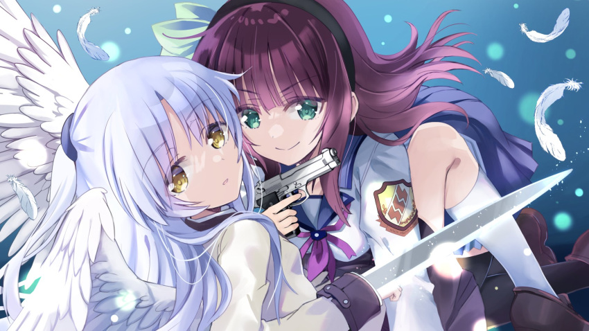 2girls all_fours angel_beats! black_skirt black_thighhighs blazer blue_sailor_collar blue_skirt bow commentary_request green_eyes hair_bow hairband half_updo hand_sonic heaven_burns_red highres hizuki_yayoi jacket long_hair looking_at_viewer lying multiple_girls nakamura_yuri pleated_skirt purple_hair sailor_collar school_uniform serafuku shinda_sekai_sensen_uniform skirt socks sword tachibana_kanade thighhighs upper_body weapon white_hair white_socks white_wings wings yellow_eyes