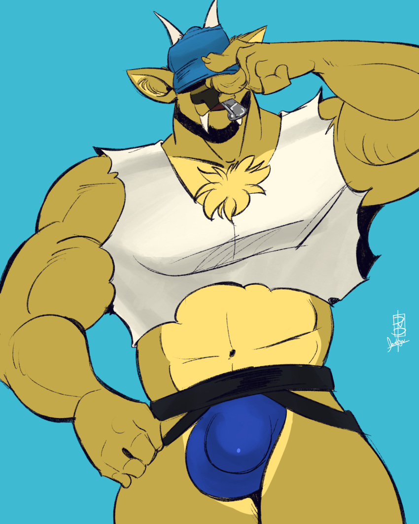 abs absurd_res anthro baseball_cap bulge cervine clothing coach crop_top deer dj_strap donryu fangs fur hat headgear headwear hi_res horn jockstrap male mammal midriff muntjac muscular muscular_male shirt solo sport teeth topwear underwear whistle_(object) yellow_body yellow_fur