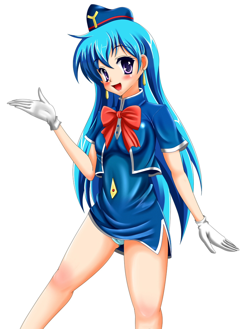 1girl blue_hair blush dress female gloves highres legs long_hair miniskirt panties short_dress simple_background skirt smile solo stewardess tenjouin_katsura thighs underwear upskirt white_background yat_anshin_uchuu_ryokou