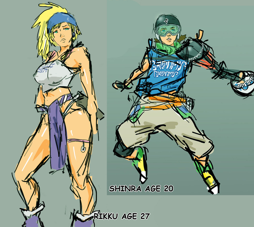 1boy 1girl age_difference big_breasts blitz_ball blonde_hair breasts brown_hair ffx_3 final_fantasy final_fantasy_x final_fantasy_x-2 highres large_breasts looking_at_viewer pants_helmet rikku sexy shinra short_hair simple_background standing