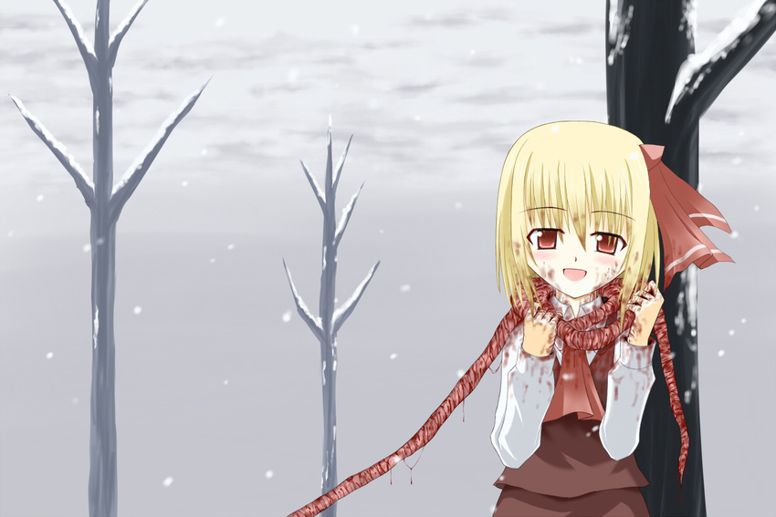 bad_id bad_pixiv_id blonde_hair blood guro hair_ribbon intestines ribbon rumia sinner smile solo touhou