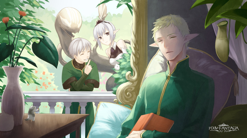 1girl 2boys animal blonde_hair book copyright_name day dress elf elion_the_king_of_spirits eyes_closed facing_viewer flower gideon_(pixiv_fantasia_last_saga) highres index_finger_raised indoors long_sleeves looking_at_another multiple_boys niggurath_the_ancient_tree_branch pillow pitcher_plant pixiv_fantasia_last_saga plant pointy_ears railing sleeping sleeveless sleeveless_dress smile vase white_hair yukimarunisiki