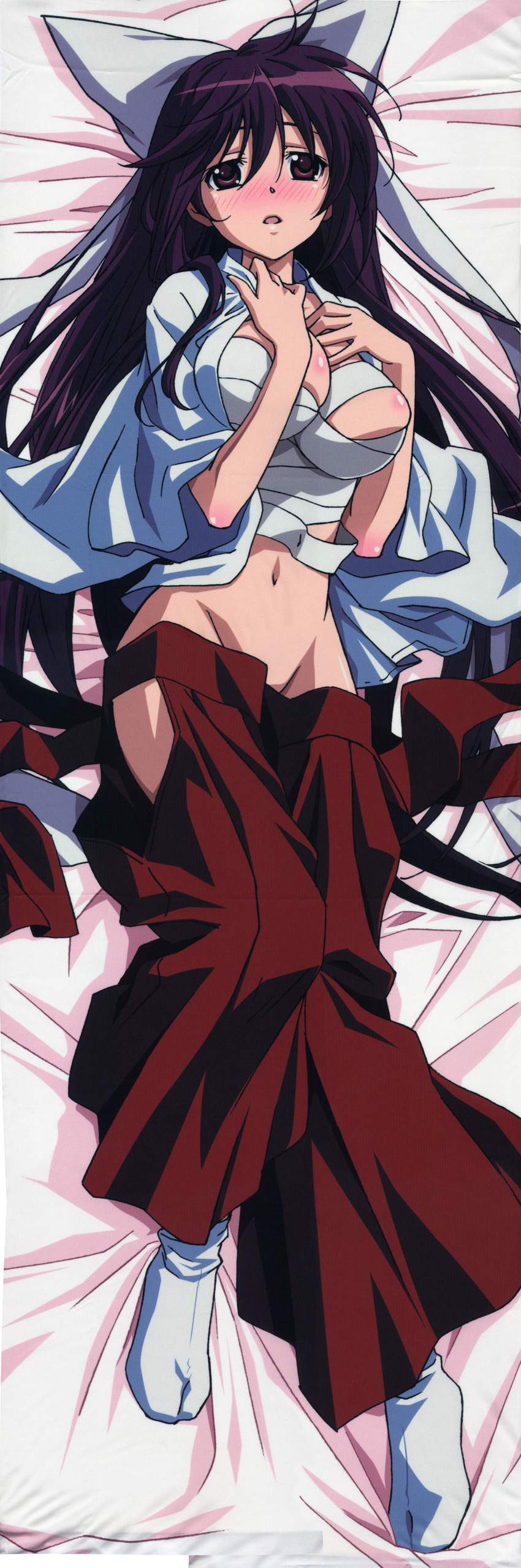 absurdres asu_no_yoichi bandages bed_sheet blush bow breasts cleavage dakimakura full_body hair_bow highres ikaruga_ibuki japanese_clothes large_breasts long_hair miko morishima_noriko no_panties non-web_source official_art open_clothes open_mouth open_shirt purple_eyes purple_hair shirt solo undressing very_long_hair