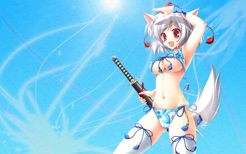 animal_ears breasts hat highres inubashiri_momiji kamiya_tomoe large_breasts non-web_source short_hair silver_hair solo sword tail third-party_edit tokin_hat touhou wallpaper weapon wolf_ears wolf_tail