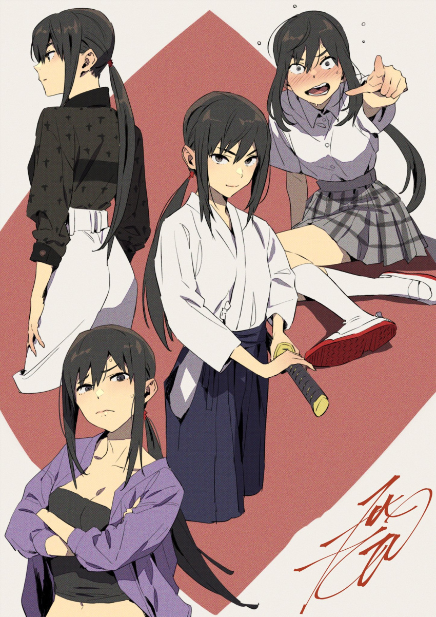 1girl black_hair black_shirt blush bra_strap brown_eyes checkered_clothes checkered_skirt constricted_pupils cropped_legs crossed_arms embarrassed hakama highres holding holding_sword holding_weapon japanese_clothes katana kobayashi_gen light_frown long_hair looking_at_viewer navel open_clothes open_mouth open_shirt pants pointing ponytail profile purple_shirt school_girl_strikers school_uniform see-through shirt shoes sidelocks simple_background skirt socks sweatdrop sword tank_top uraba_aoi uwabaki weapon white_pants white_shirt white_socks