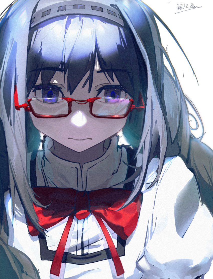 1girl akemi_homura anxi-blue bangs black_hair bow closed_mouth collared_shirt commentary facing_viewer film_grain glasses grey_hairband hair_between_eyes hairband highres juliet_sleeves long_hair long_sleeves looking_down mahou_shoujo_madoka_magica mitakihara_school_uniform puffy_sleeves purple_eyes red-framed_eyewear red_bow red_ribbon ribbon school_uniform semi-rimless_eyewear shirt signature simple_background solo sweater upper_body white_background white_shirt white_sweater