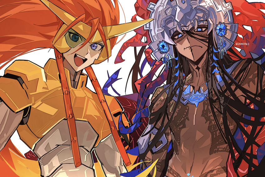 2boys black_hair blue_eyes camazotz_(fate) cyborg dark-skinned_male dark_skin eeju fate/grand_order fate_(series) headdress highres hiyama_nobuyuki long_hair male_focus multiple_boys orange_hair shishiou_gai tattoo twitter_username voice_actor_connection white_background yuusha_ou_gaogaigar yuusha_series