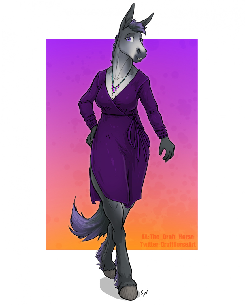 2023 5_fingers anthro breasts clothed clothing digital_media_(artwork) dress equid equine eyebrows feathering female fingers fur gradient_background gynja_(skuggamul) hair hand_on_hip hi_res hooves hybrid jewelry long_ears looking_at_viewer mammal mule multicolored_body multicolored_hair necklace purple_eyes simple_background smile solo teeth the_draft_horse two_tone_body two_tone_hair two_tone_tail