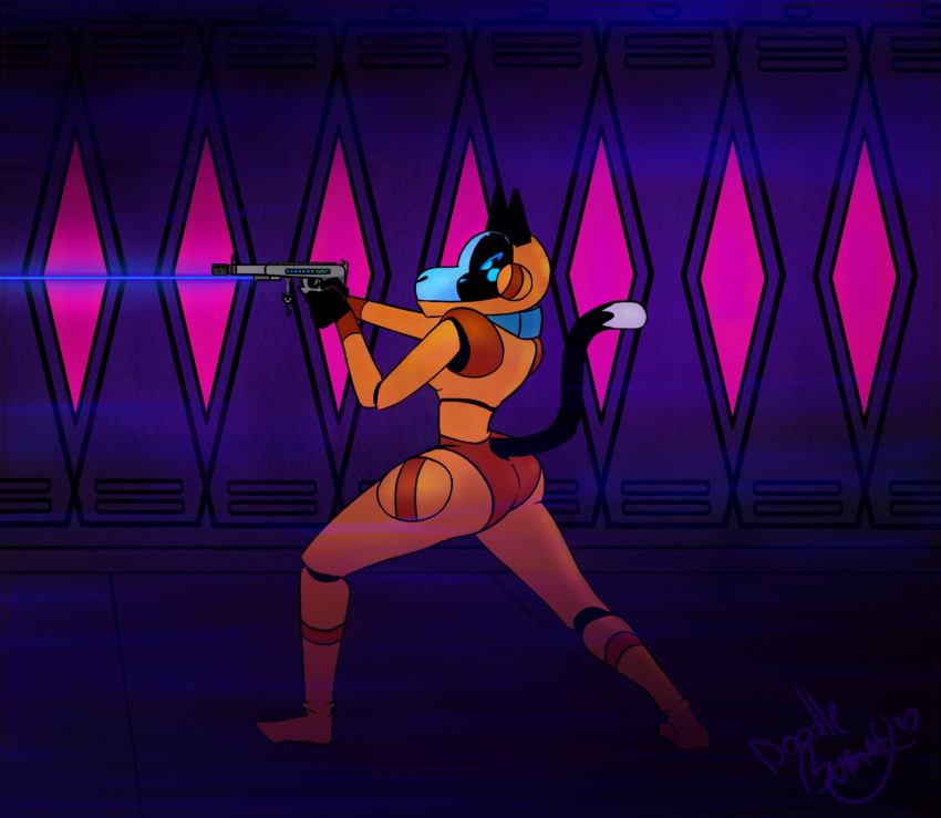 aiming anthro armor black_body black_fur blue_clothing blue_eyes blush clothing corridor doodlebunnyart felid feline female fur gun hallway handgun headgear helmet hi_res laser laser_pointer laser_sight looking_away mammal metal orange_clothing pink_background pistol pose pupils purple_background ranged_weapon shooting simple_background slit_pupils solo space spacecraft spacesuit standing stern tail vehicle weapon