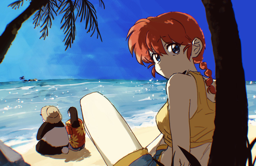 1girl animal blue_eyes hair_between_eyes hawaiian_shirt highres island nmnm_bbb ocean panda ranma-chan ranma_1/2 red_hair sand saotome_genma_(panda) shirt shorts tendou_souun water