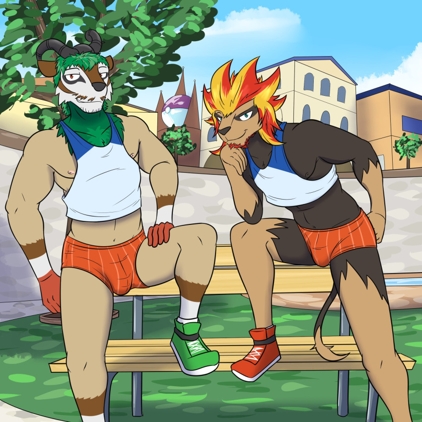 anthro anthrofied arm_support athletic bench bottomwear bulge clothed clothing crop_top duo footwear fuze generation_6_pokemon gogoat hand_on_leg hand_on_thigh hi_res hotpants leaning_on_elbow looking_at_viewer male midriff navel nintendo nipple_slip nipples outside park_bench plant pokemon pokemon_(species) pokemorph pyroar shirt shoes shorts skimpy smile smirk step_pose tank_top topwear tree