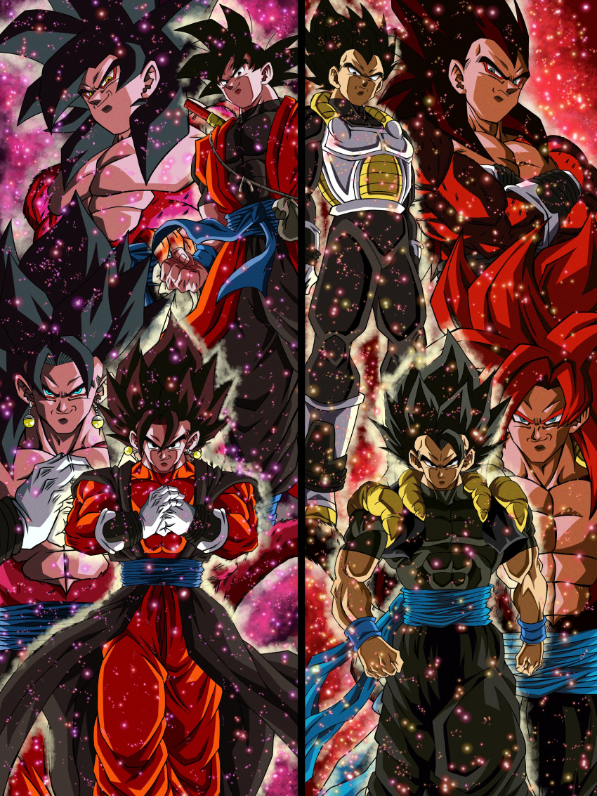 4boys abs absurdres armor aura black_eyes black_hair black_shirt blue_eyes brown_hair clenched_hand commentary_request crossed_arms dragon_ball dragon_ball_heroes dual_persona earrings frown gloves gogeta gogeta_(xeno) highres hiro_(udkod1ezlyi2flo) jewelry male_focus metamoran_vest multiple_boys muscular muscular_male pectorals potara_earrings red_hair shirt smile son_goku son_goku_(xeno) super_saiyan super_saiyan_4 t-shirt tight tight_shirt vegeta vegeta_(xeno) vegetto vegetto_(xeno) white_gloves widow's_peak yellow_eyes
