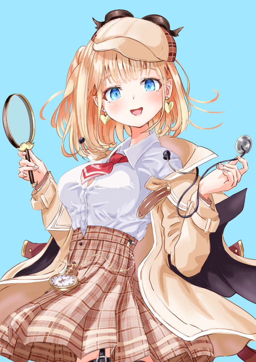 1girl absurdres bangs black_thighhighs blonde_hair blue_eyes blush breasts brown_headwear brown_skirt coat collared_shirt detective earrings heart heart_earrings high-waist_skirt highres holding holding_magnifying_glass hololive hololive_english jewelry large_breasts lingmu looking_at_viewer magnifying_glass necktie open_mouth plaid plaid_skirt pleated_skirt pocket_watch red_necktie shirt short_hair short_necktie simple_background skirt smile thigh_strap thighhighs virtual_youtuber watch watson_amelia white_shirt