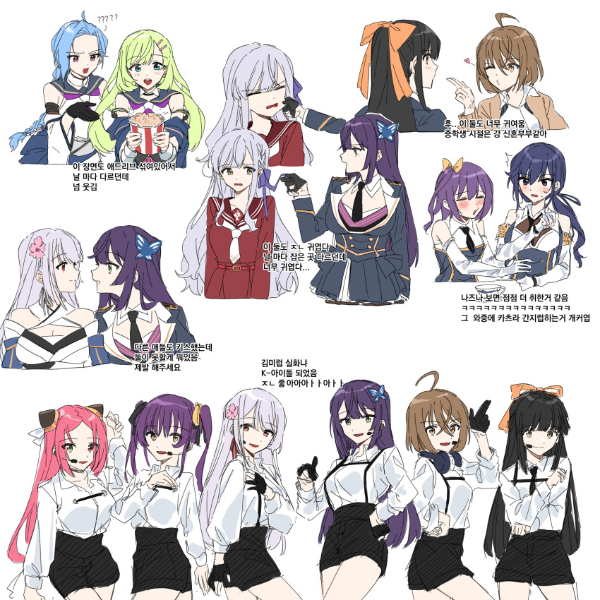 6+girls =_= ? ?? ^^^ absurdres ahoge aqua_eyes arm_garter arm_up arms_at_sides assault_lily bangs bare_shoulders belt belt_buckle black_gloves black_hair black_necktie black_ribbon black_shorts blowing_kiss blue_eyes blue_hair blue_jacket blue_sailor_collar blue_shirt blue_skirt blunt_bangs blush bow braid braided_ponytail breasts brown_cardigan brown_hair brown_sailor_collar bucket buckle butterfly_hair_ornament cardigan cheek_pull cleavage closed_eyes closed_mouth collared_shirt commentary_request cowboy_shot criss-cross_halter cropped_legs cropped_torso crossed_bangs cup danji_(danji_bang) detached_sleeves earrings elbow_gloves epaulettes eye_contact face-to-face flower food funada_kiito funada_ui gloves green_eyes green_hair grey_hair grin hair_between_eyes hair_bow hair_flower hair_ornament hair_ribbon hairclip hairpods half_gloves half_updo halterneck hand_on_hip hand_on_own_chest hand_up hayami_katsura headphones headphones_around_neck headset heart heterochromia high-waist_shorts high-waist_skirt high_ponytail highres hishida_haru holding holding_bucket holding_ribbon igusa_subaru jacket japanese_clothes jewelry kanba_girls_high_school_uniform kawabata_hotaru kawamura_yuzuriha kawanabe_nazuna kimono kon_kanaho korean_commentary korean_text layered_sleeves long_bangs long_hair long_sleeves looking_at_another looking_at_viewer looking_to_the_side low_ponytail medium_breasts miniskirt mole mole_under_eye mole_under_mouth multiple_girls multiple_views neckerchief necktie notice_lines odaiba_girls_high_school_uniform one_eye_closed open_cardigan open_clothes open_mouth orange_bow orange_eyes parted_bangs parted_lips partially_fingerless_gloves pink_flower pink_hair pleated_skirt pointing pointing_at_viewer ponytail popcorn profile puckered_lips purple_eyes purple_hair purple_neckerchief purple_ribbon raised_eyebrows red_belt red_eyes red_shirt red_skirt ribbon sailor_collar salute saucer school_uniform serafuku shiba_tomoshibi shirt shirt_tucked_in short_hair short_necktie shorts siblings side-by-side side_braid side_ponytail sideways_glance simple_background single_braid sisters skirt sleeveless sleeveless_shirt smile standing suspender_shorts suspenders sweatdrop teacup translation_request tsukioka_momiji twintails two-finger_salute two-tone_shirt upper_body v-shaped_eyebrows very_long_hair wavy_mouth white_background white_gloves white_kimono white_necktie white_shirt wide_sleeves yellow_bow yellow_eyes yellow_ribbon